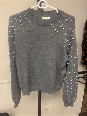 Beaded Pearl Crewneck Sweater in Grey by Blooming Jelly